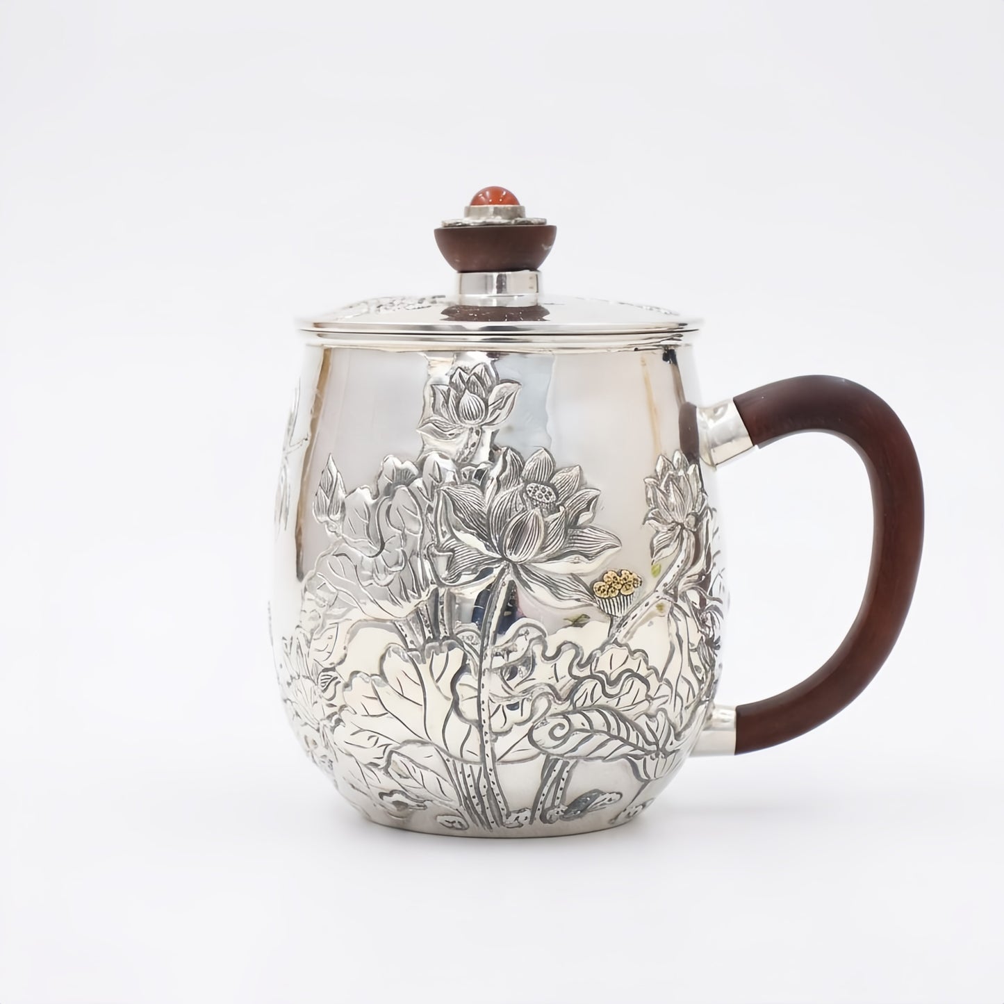 925 Sterling Silver Hand-Engraved Sterling Silver Lotus Tea Mug with Wooden Handle and Carnelian Lid Inlay - Handicraft