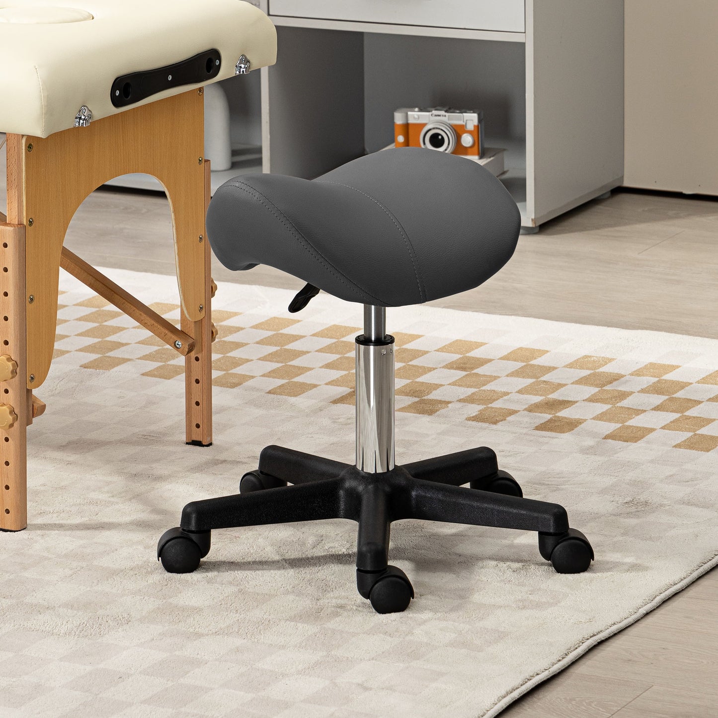 Saddle Stool, PU Leather Adjustable Rolling Salon Chair With Steel Frame For Massage, Spa, Beauty And Tattoo, Grey