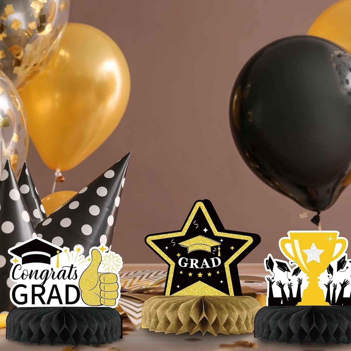 9-Piece Black And Gold Honeycomb Graduation Party Decorations – Complete Set With Gold And Black Honeycomb Elements For Festive Room Decor – Party Accessory Set