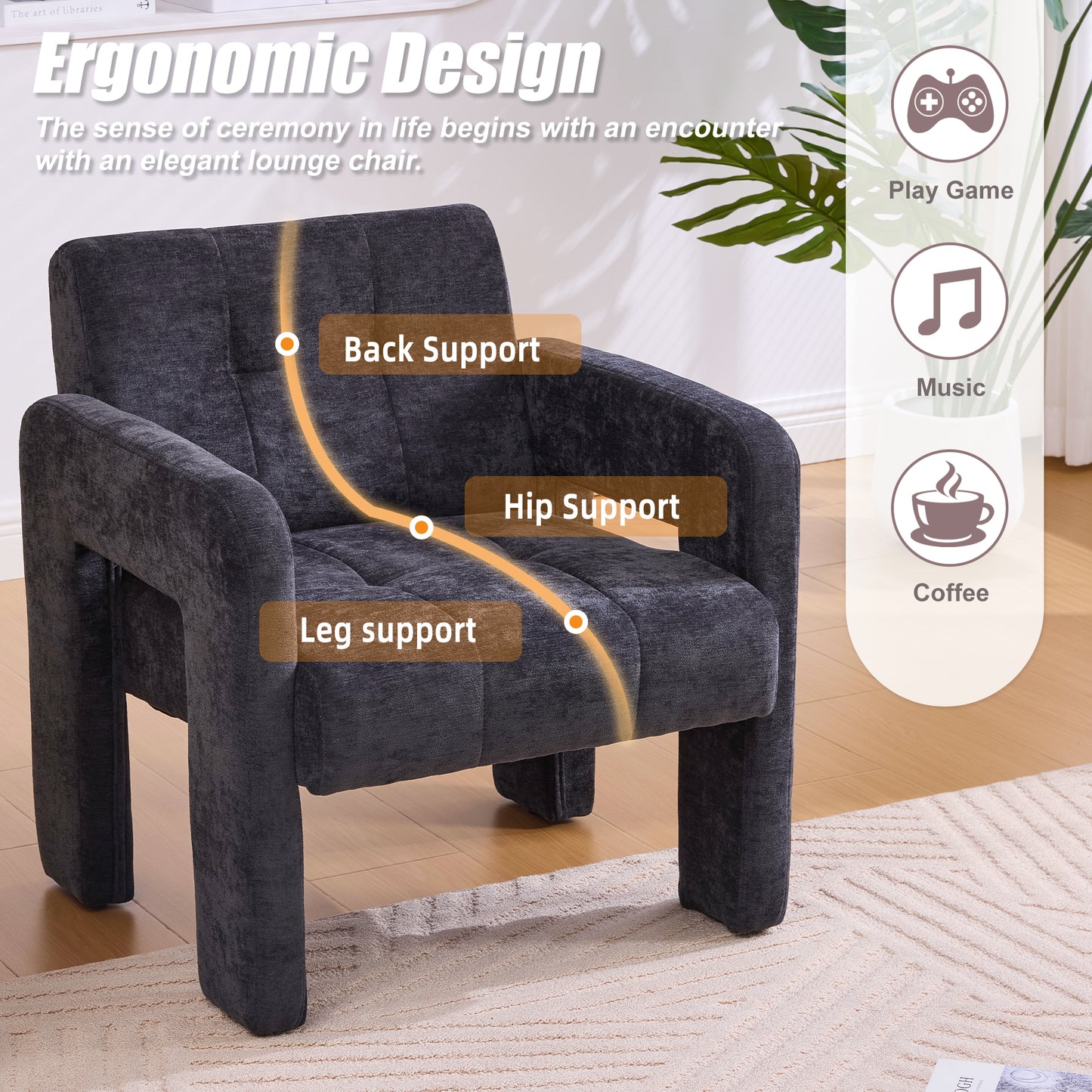 Modern Minimalist Casual Single Armchair Living Room, Bedroom, Office Area Upholstered Chair Comfortable Padded Armchair Nordic Style Casual Seating