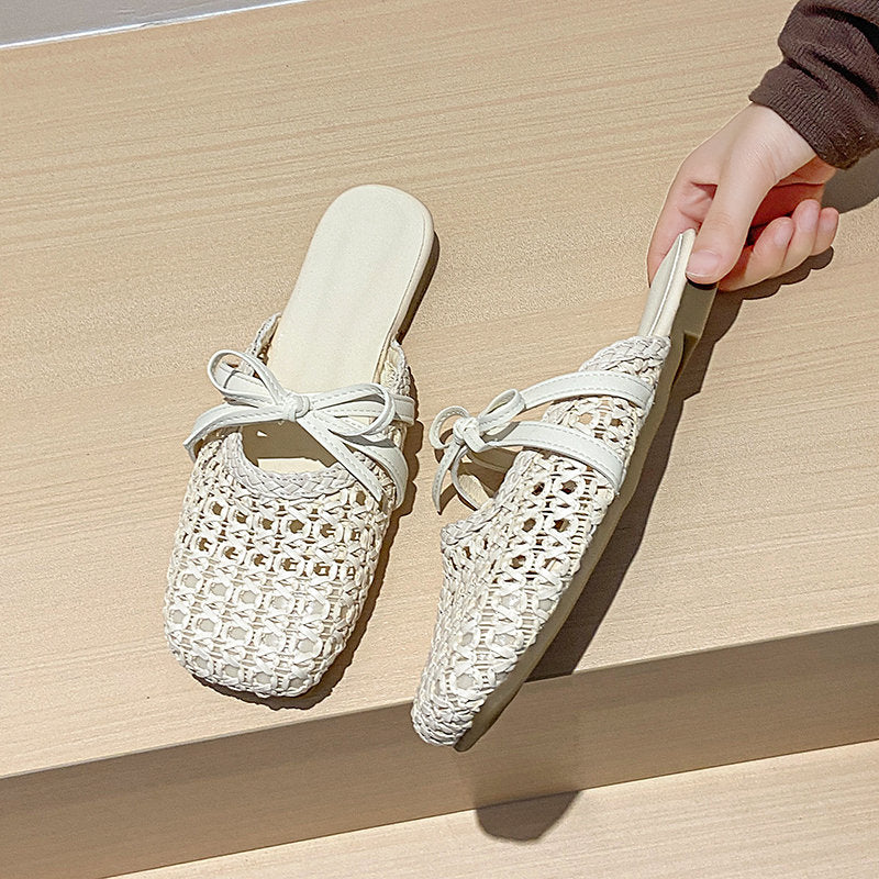 2026 Hot French Woven Hollow Out Mules For Women, Slip-on Flat Elegant Closed Toe Slides For Outdoor Summer Wear