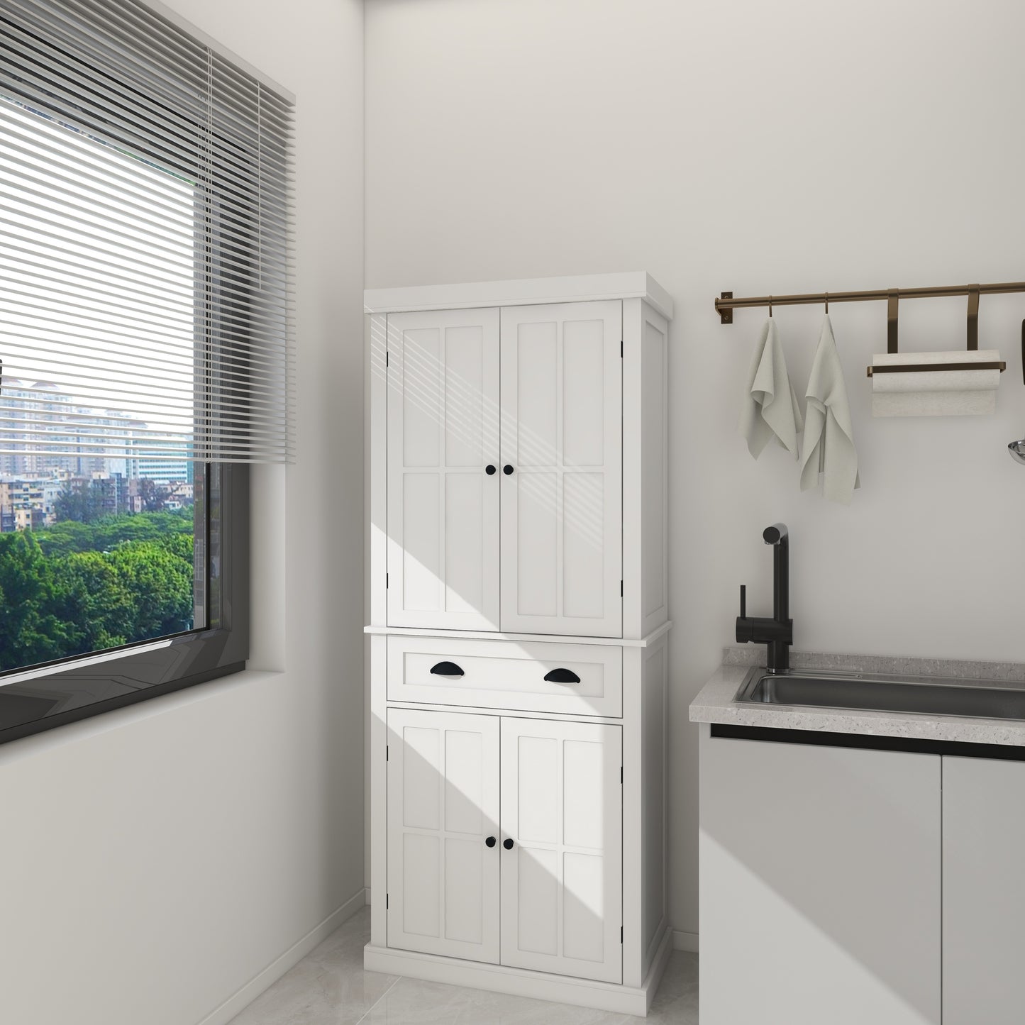 71 Kitchen Pantry Storage Cabinet , With 4 Doors, Drawer, 2 Adjustable Shelves, Freestanding Cupboard For Dining Room Living Room, Laundry-White