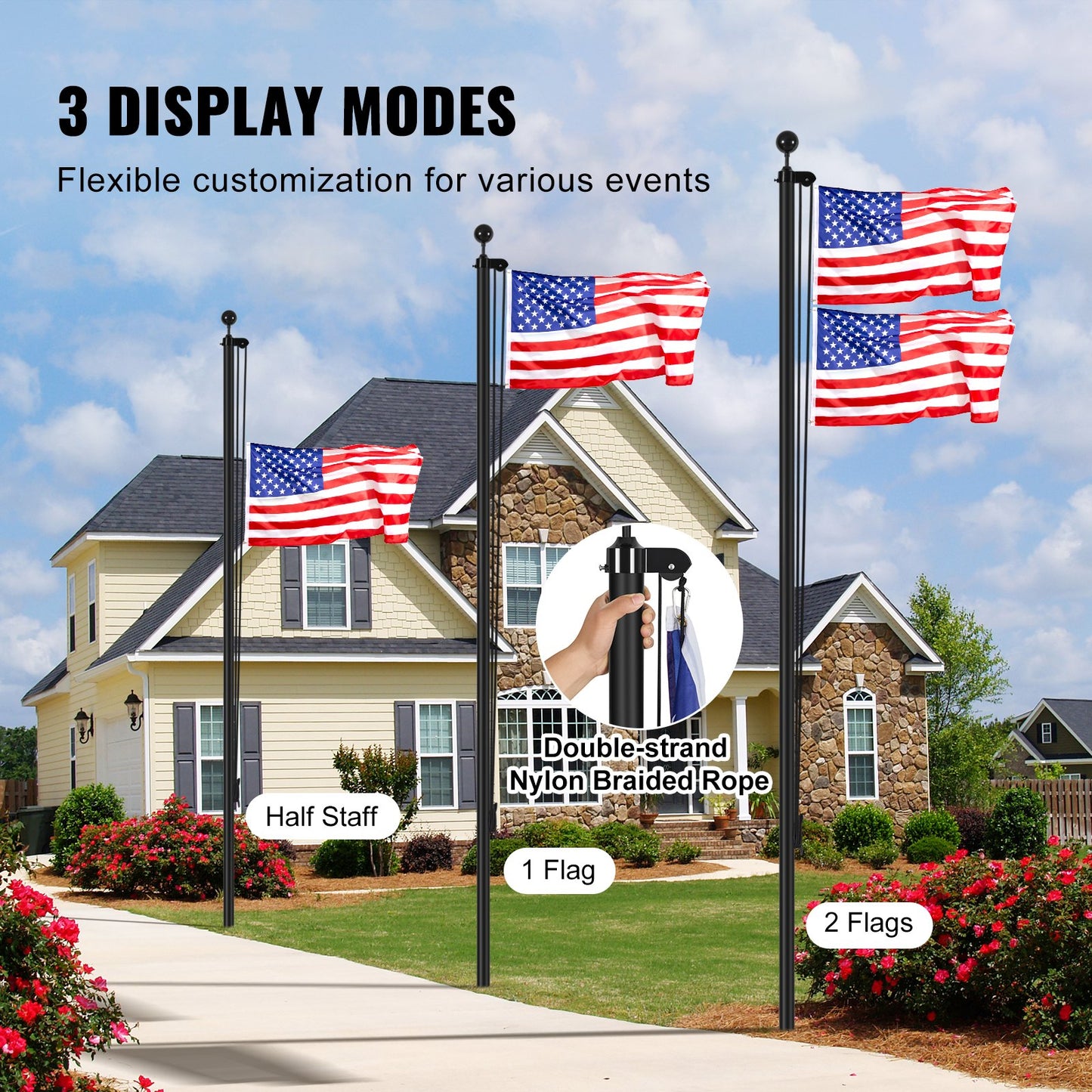 25FT Sectional Flag Pole Kit, Heavy Duty Aluminum Alloy In Ground Flag Poles For Outside, 3 Display Modes Flagpole With 3x5 American Flag, Professional Accessories, Black