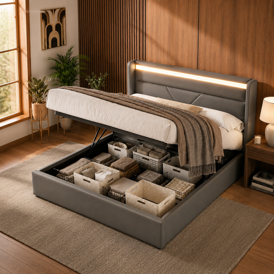 Hydraulic Storage Bed With LED Lighting Strip, Double Bed Bed Frame Upholstered Bed 160x200cm, Functional Bed, Grey  With Remote Control