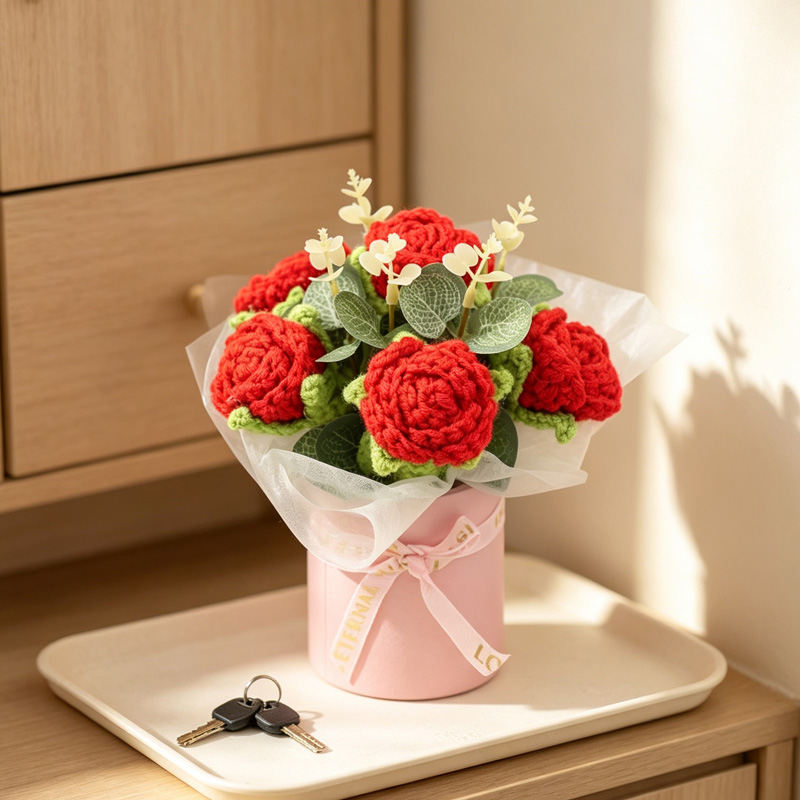 Handmade Crochet Flower Bouquet, Rich Red Rose Blossoms Matched With Eucalyptus Foliage, Soft Yarn Everlasting Crochet Floral Bouquet, Indoor Home Tabletop Decorative Ornament