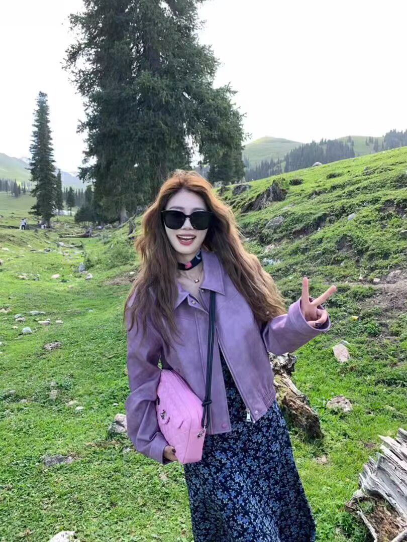 Small Korean Style Loose Purple Leather Coat