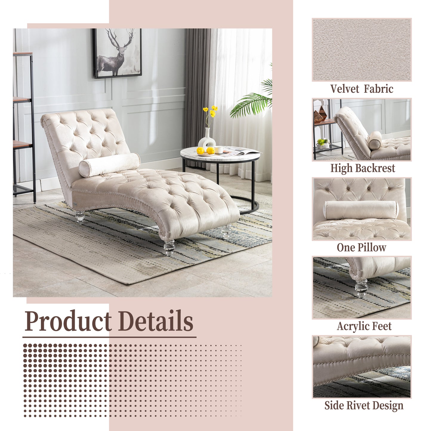Velvet Chaise Lounge Indoor,Button-Tufted Upholstered Chaise Lounge Chair With Pillow For Bedroom Living Room Office  Beige Velvet