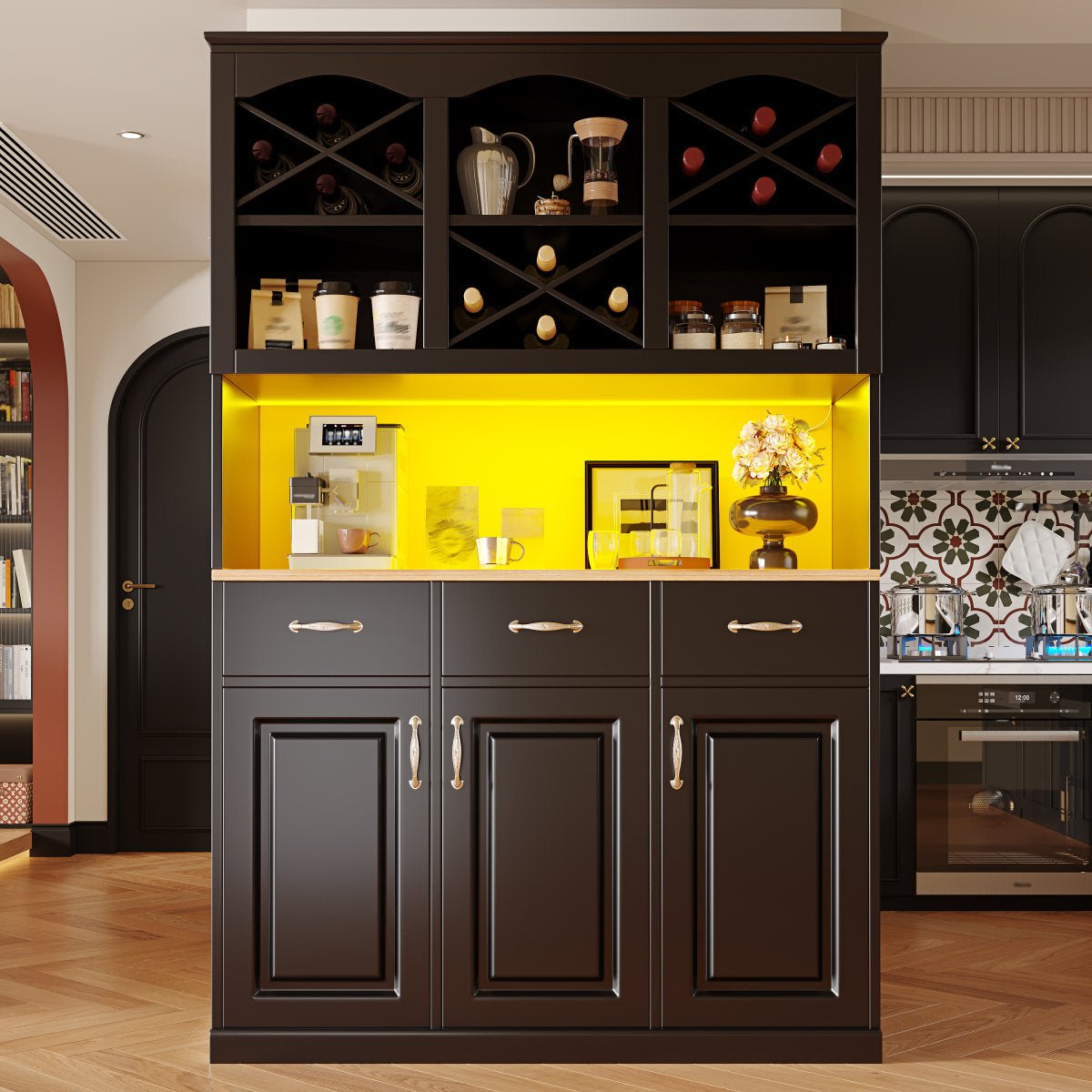 Kitchen Cabinet  120 X40 X 180 Cm Tall Kitchen Buffet, Multi Purpose Buffet, Snack Cabinet, Storage Furniture With Three Doors, Three Drawers And LED Lighting, Black