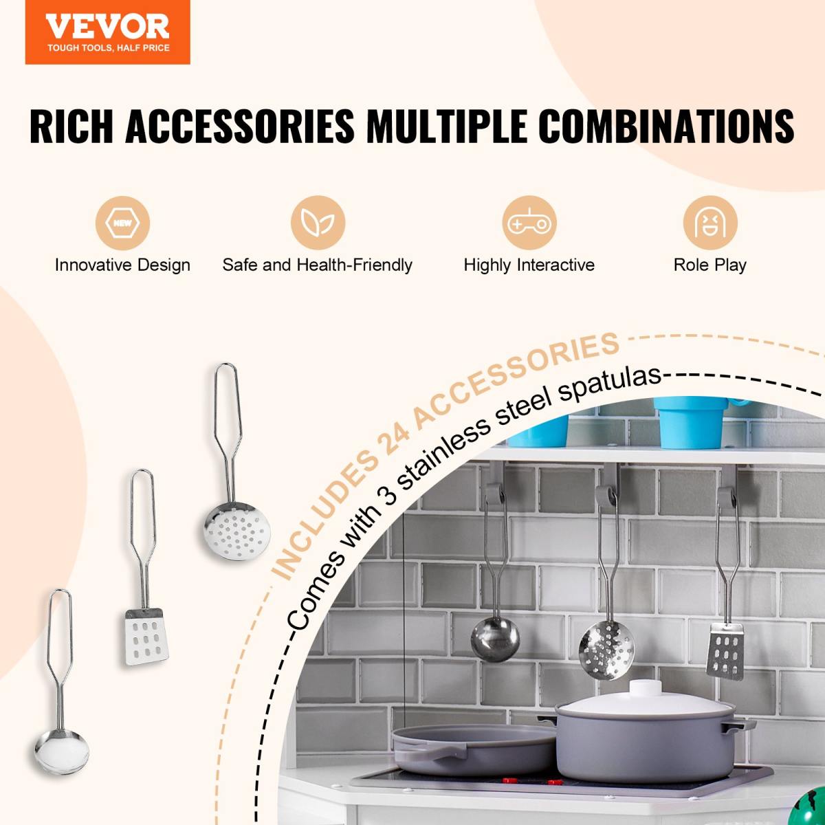 Christmas Gift  VEVOR Kitchen Playset Kids Pretend Cooking Play Toy 24 Piece Accessories White