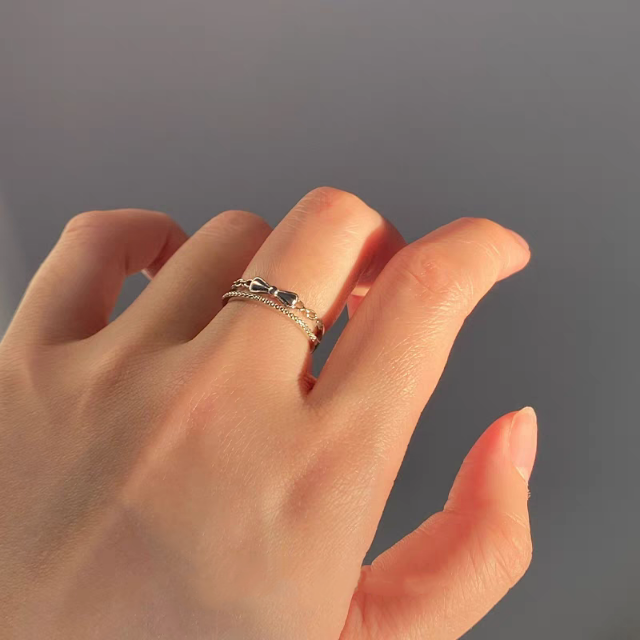 1pc 999 Sterling Silver Double Layer Bow Open Ring, Sweet & Elegant, Perfect For Daily, Dating & Gifting, Ideal Valentine's Gift