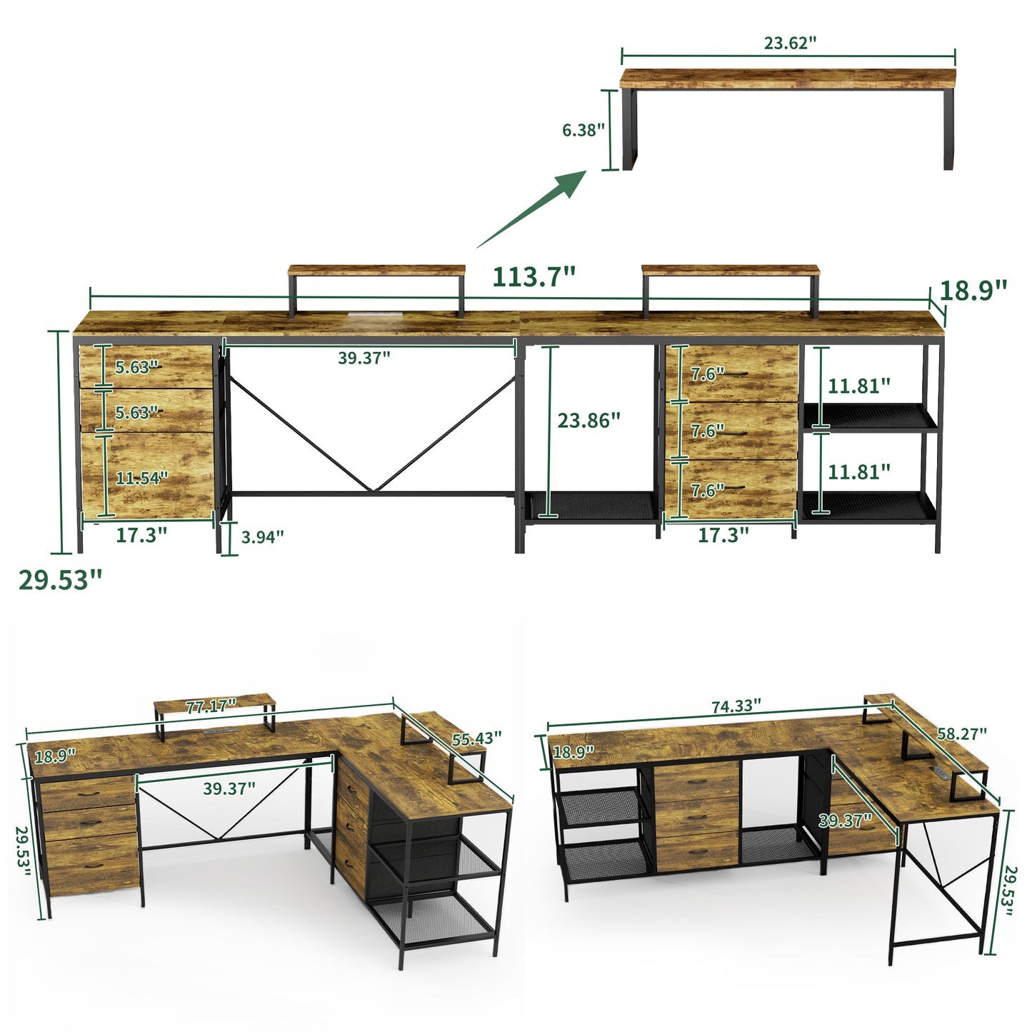 114  L-shaped Desk With Power Hub, Industrial Gaming Desk - 6 Drawers, Removable Monitor Stand, Rustic Brown Home Office