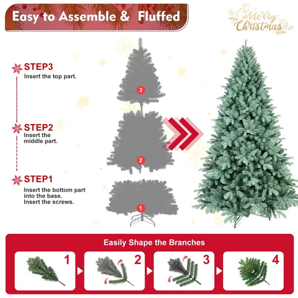 Artificial 8ft Blue Green Tint Christmas Tree With 2458 PE/PVC Mixed Branch Tips, Memory Wire+iron Wire, Hinged Premium & Foldable Base For Indoor Holiday Decorating