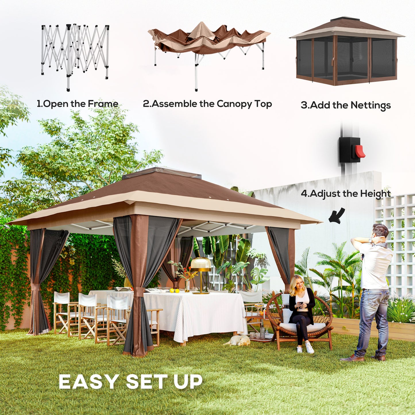 3.6 X 3.6m Pop-Up Gazebo, With Accessories - Brown