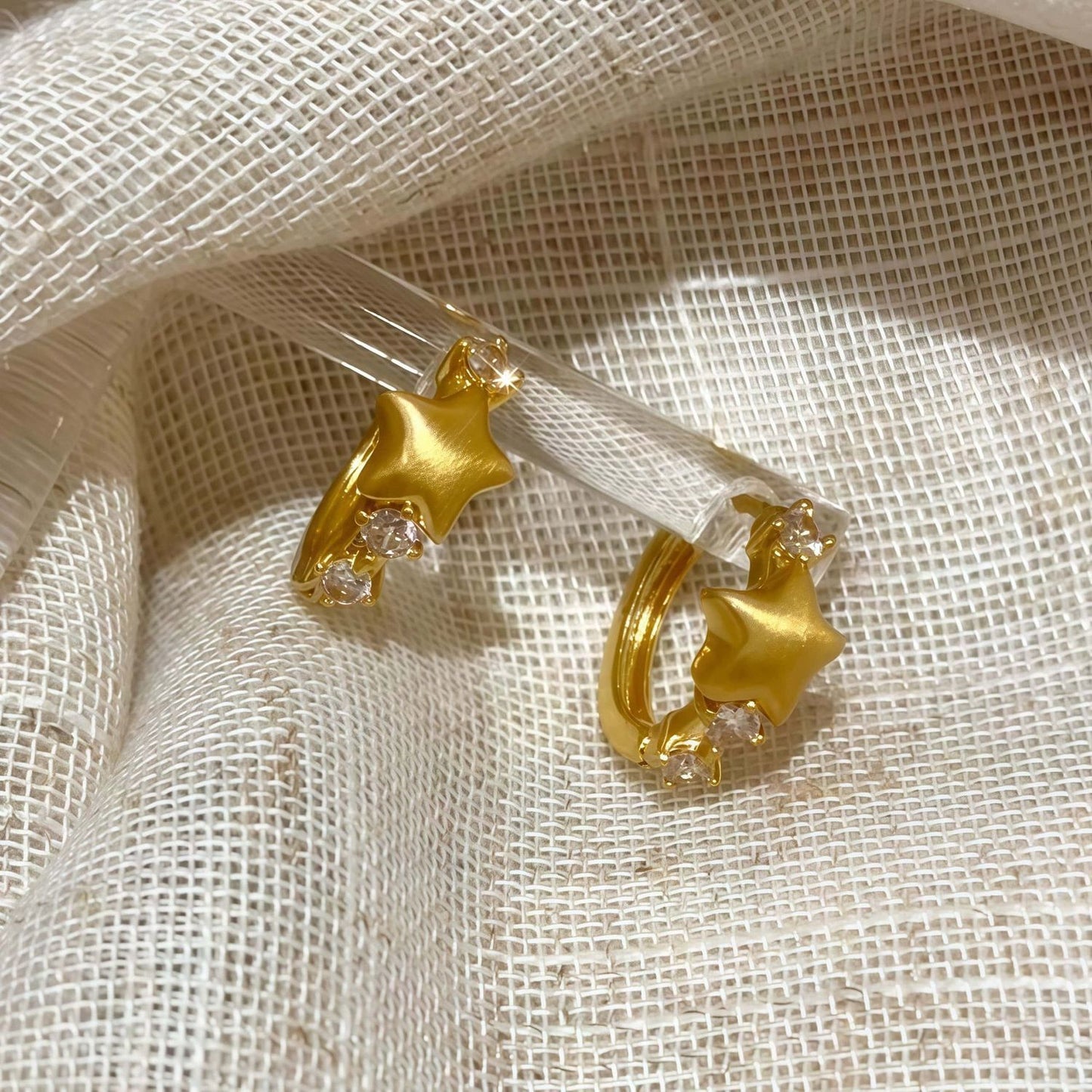French Gold Brushed Star Huggie Earrings, Minimal Exquisite Niche Unique Designer Hoops, High-End Elegant Fashion Ear Jewelry For Women