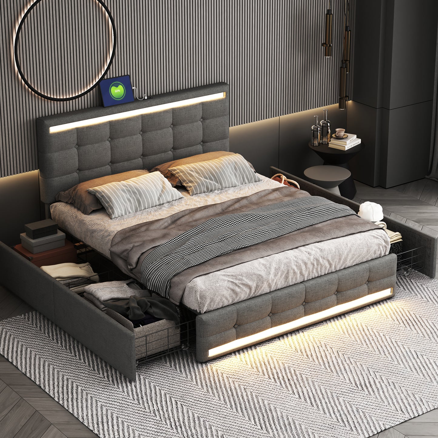 Upholstered Bed 140x200 LED Upholstered Bed With 4 Drawers And 2 USB Charging Stations, Bed Frame With LED Headboard Footboard, Upholstered Platform Bed With Storage, Linen Fabric Grey