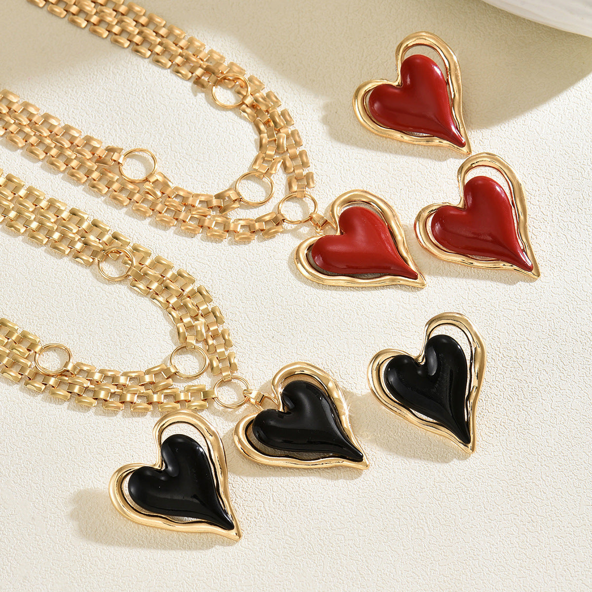 Cross-Border European American Jewelry Set For Women, Unique Exaggerated Heart Enamel Drop Earrings & Matching Clavicle Necklace, Versatile Fashion Neck Ear Jewelry