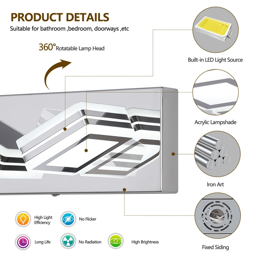 Modern Dimmable Vanity Lights For Bathroom LED 3 Light Bathroom Lights Over Mirror Chrome Bath Wall Lighting