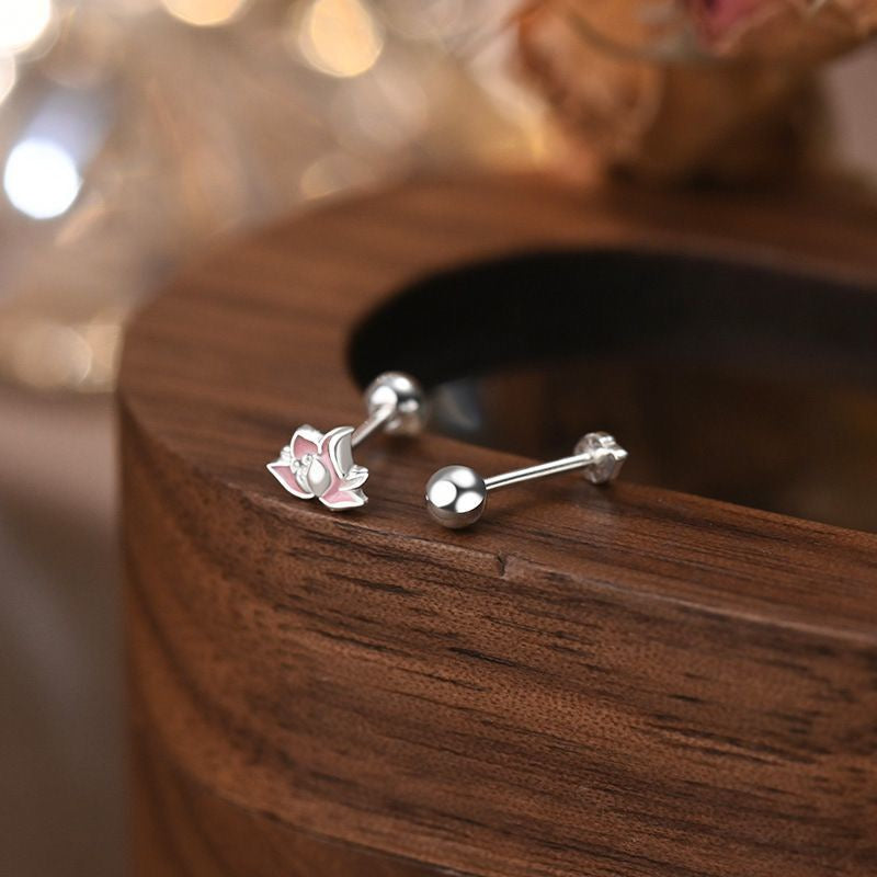 1pair 999 Sterling Silver Enamel Asymmetric Lotus Screw Back Stud Earrings, Gentle Oriental Style, For Daily Dating Wear & Women Holiday Gifts