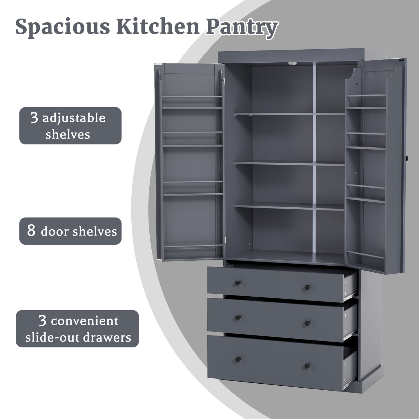 TOPMAx 77  Farmhouse Kitchen Pantry  Freestanding Tall Cupboard Storage Cabinet With 3 Adjustable Shelves  8 Door Shelves  3 Drawers For Kitchen  Dining Room  Gray  SP000047