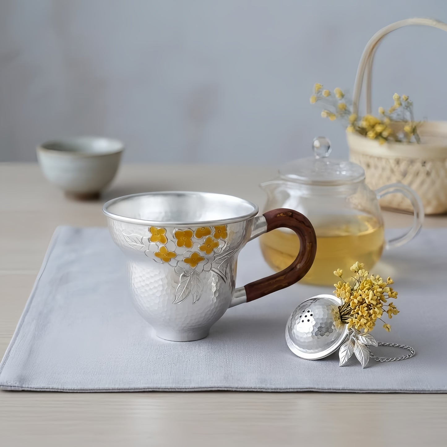 Pure 999 Fine Silver Handcrafted Hammered Silver Tea Cup with Floral Engraving and Wooden Handle - Handicraft