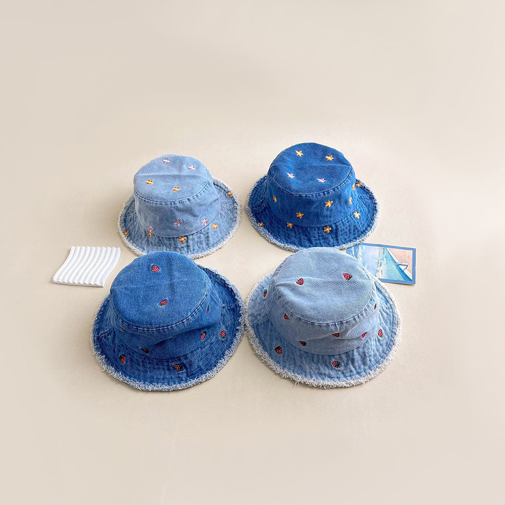 Retro Washed-edge Denim Fisherman Hat With Embroidered Strawberry Flowers And Washed-edge Trim. Outdoor Casual Sun Hat