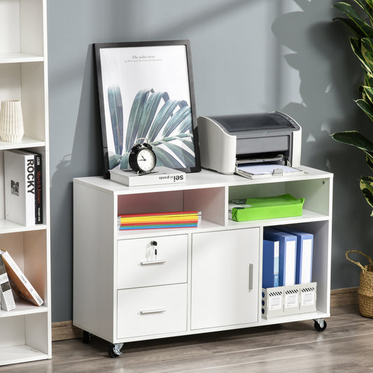 Printer Stand Home Office Mobile Storage Cabinet Organizer Desktop With Caster Wheels, 2 Locking Breaks And Drawer, White