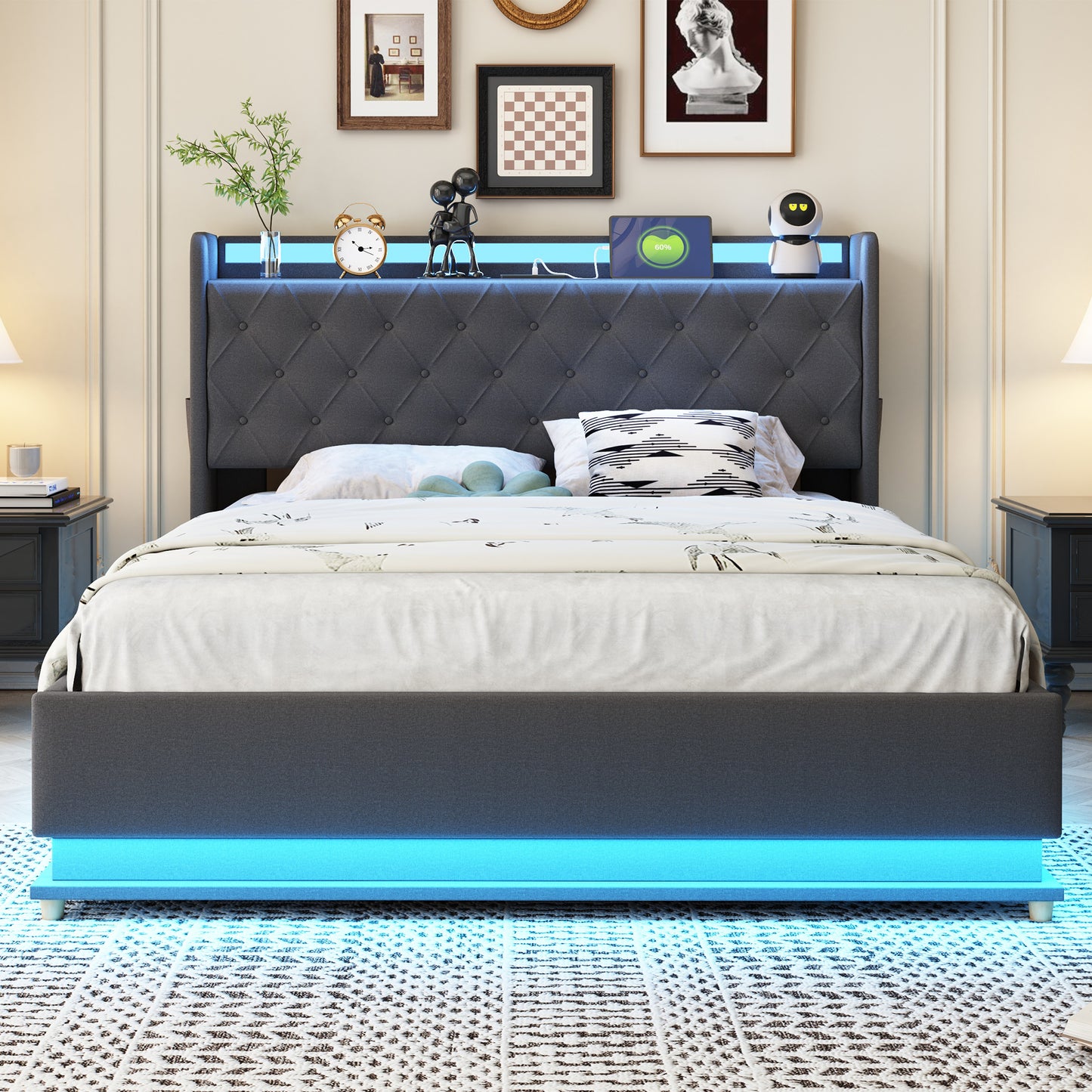 LED Upholstered Bed 140x200 Cm With USB Charging Port And Hydraulic Storage, Skin-friendly Linen Fabric Grey
