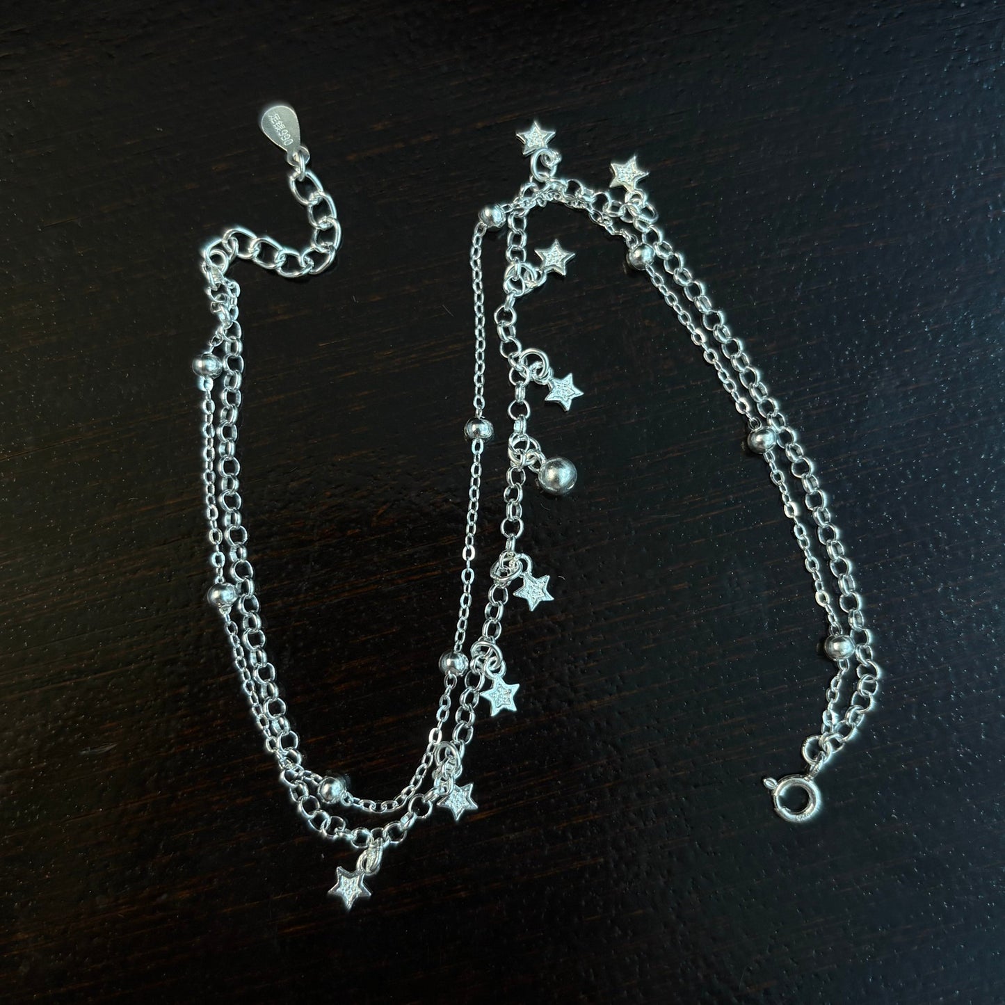 1pc 999 Sterling Silver Double-Layer Star & Bead Anklet, Delicate Luxurious Style, Perfect For Daily Wear & Valentine's Gifts
