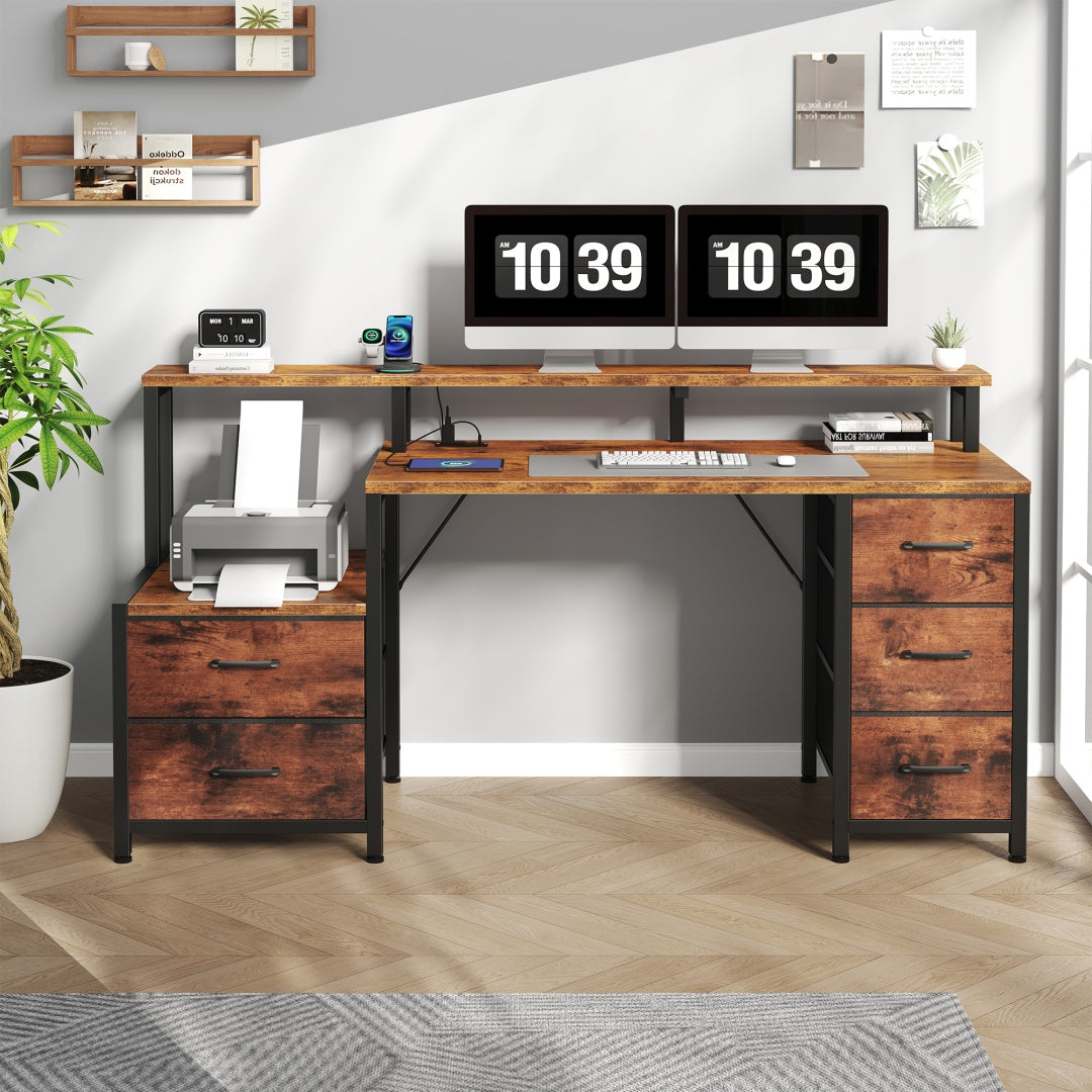 67-inch Computer Desk, Equipped With 5 Drawers And A Monitor Stand. The Gaming Table Comes With LED Lights And Power Sockets. The Printer Cabinet.