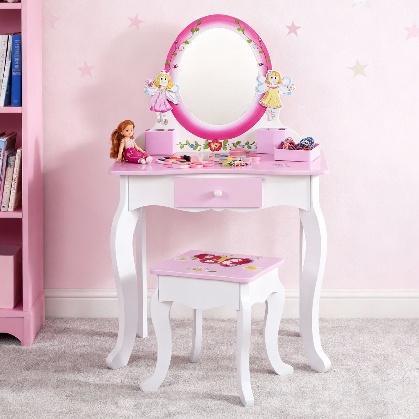 Kids Vanity Set Floral Printed Wooden Makeup Dressing Princess Table With Mirror And Stool For Role Playing Pink