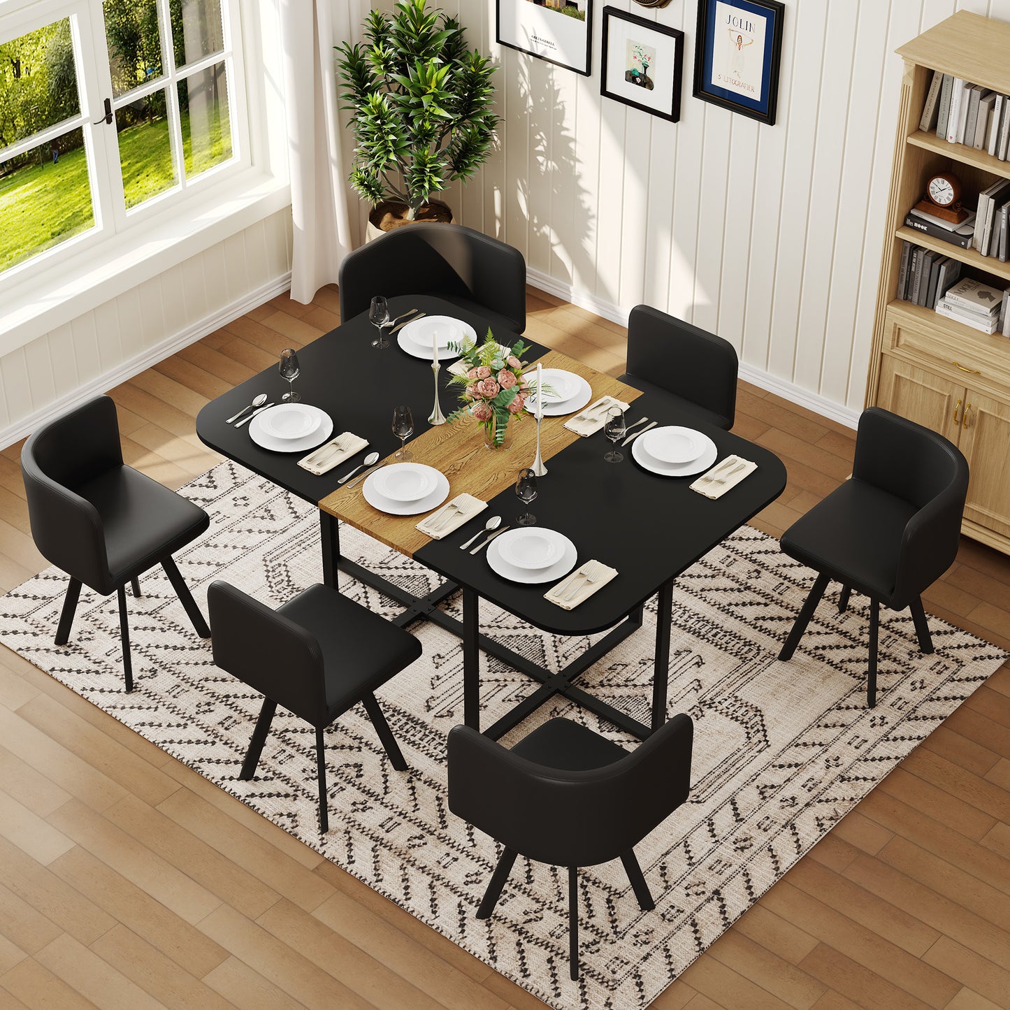 7 Piece Dining Table Set With 6 Black PU Chairs, Two-Tone Black & Wood Grain Rectangular Kitchen Table  Triamine Board , Modern Dining Room Furniture Set For Small Space, Apartment, Restaurant