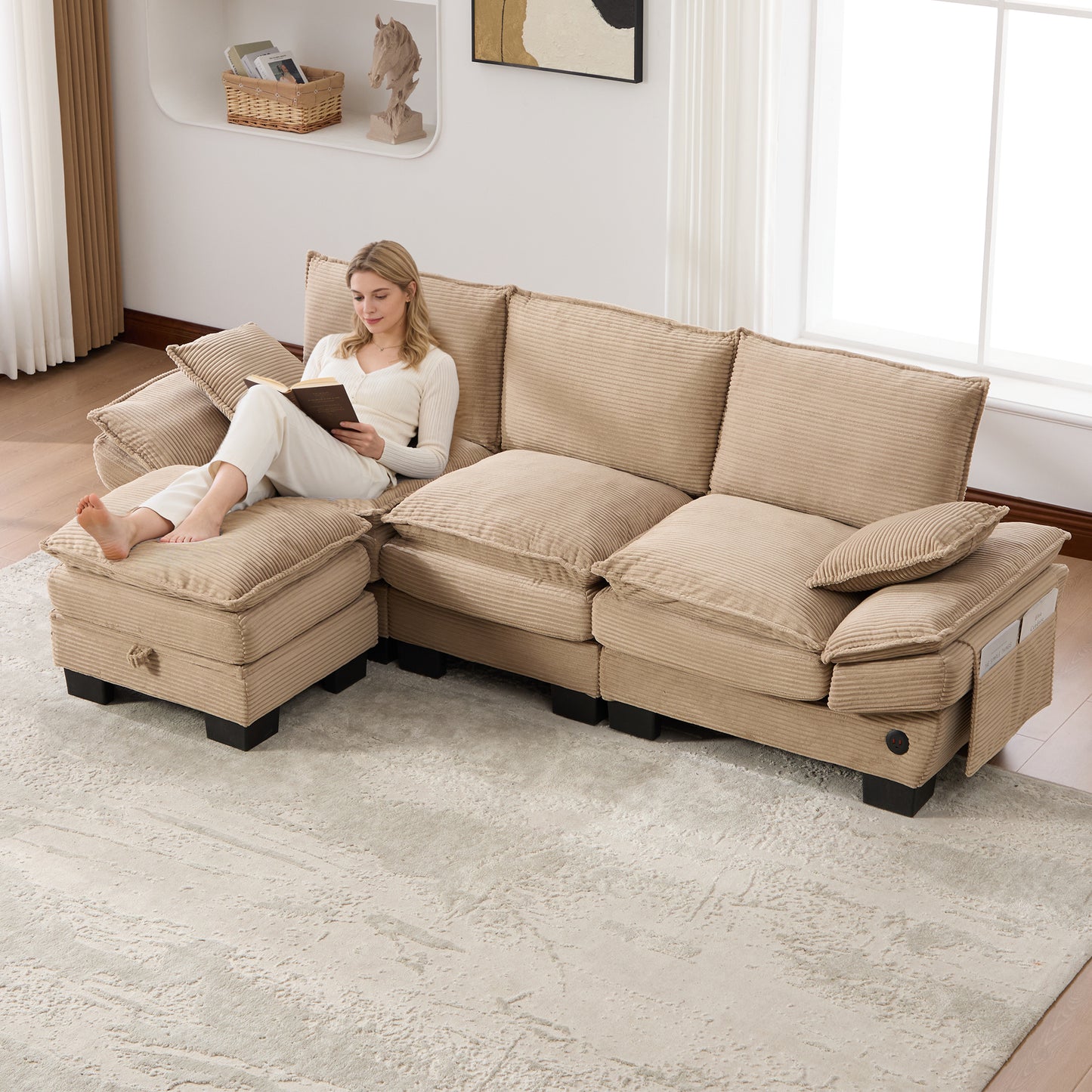 Modular 3-seater Corduroy Sofa  With 1 Stool Wide Seat, Ergonomic Design, High-density Foam Padding, USB-C Port And Side Pockets. Ideal For Living Room, Office Or Lounge.Khaki