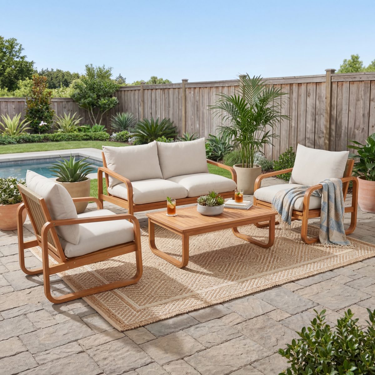 4-Piece Acacia Wood Outdoor Patio Furniture Set with Thick Cushions, Modern Outdoor Seating Set with Loveseat, 2 Single Chairs and Coffee Table, Weather-Resistant Conversation Set for Backyard, Pool