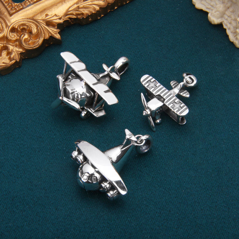 S925 Sterling Silver Small Aircraft Pendant Male And Female Personality Accessories Propeller Wheel Rotatable Tide