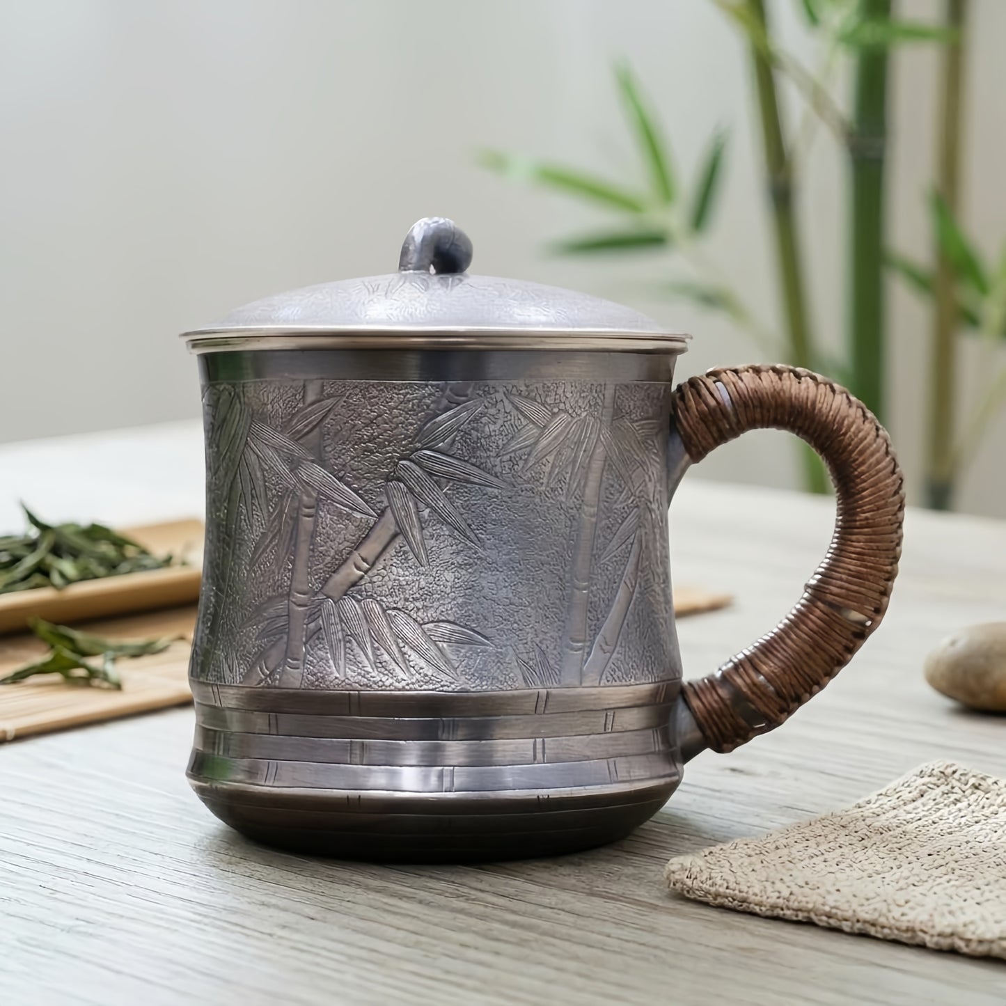 925 Sterling Silver Vintage Pewter Tea Mug with Bamboo Engravings and Rattan Wrapped Handle - Handicraft