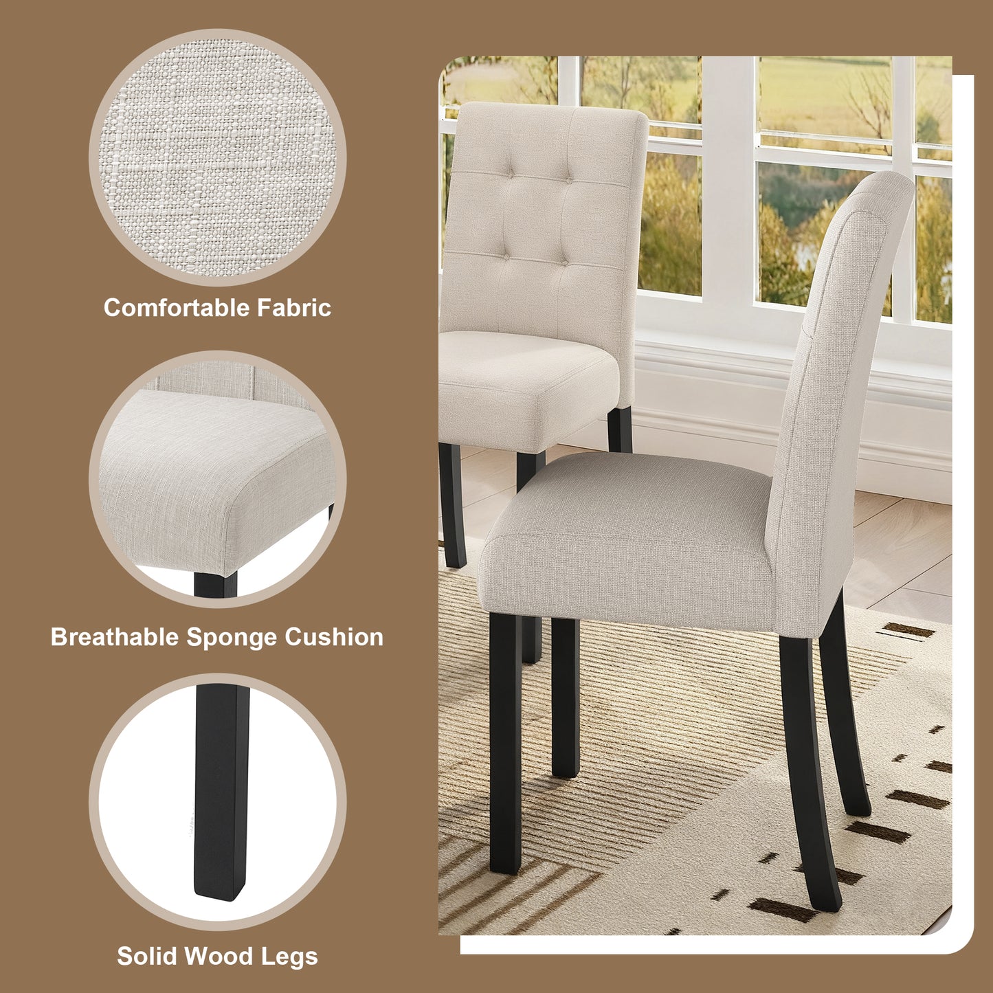 4 Piece Modern Tufted Dining Chair, Rustic Linen Upholstered With Black Rubber Wood Legs, Upholstered Accent Chair For Kitchen, Dining Room, Bedroo, Beige