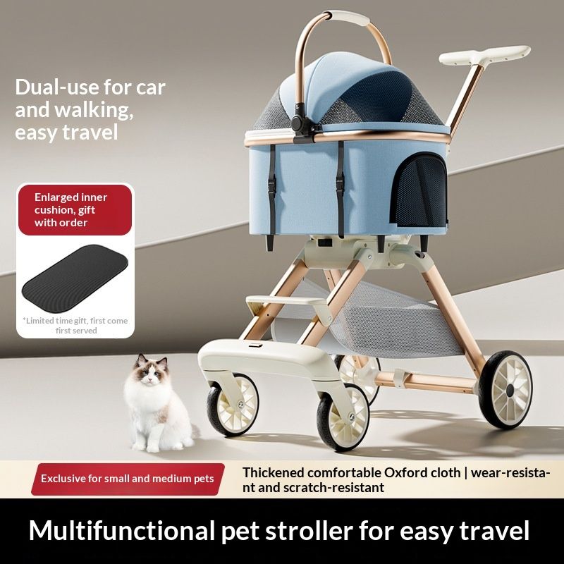 Luxury Cat Stroller With Detachable Pet Carrier, Foldable, Sturdy Alloy Frame