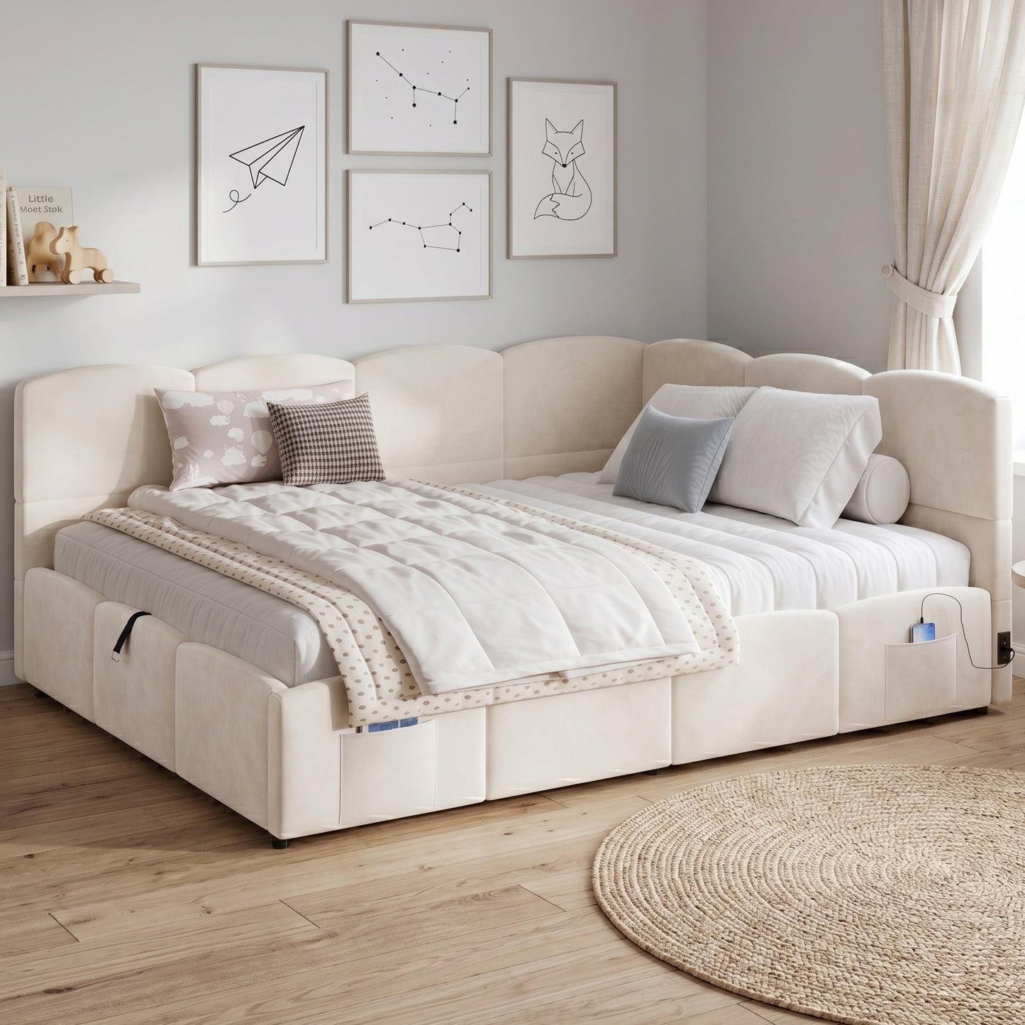 Sofa Bed, Children's Bed, Day Bed, Storage Room Bed, Sleeping Sofa 140x200 Cm, With Latte Bed, USB Charging Device, Storage Pocket, Youth Bed And Adult Children's Bed, Velvet, Beige Without Mattress