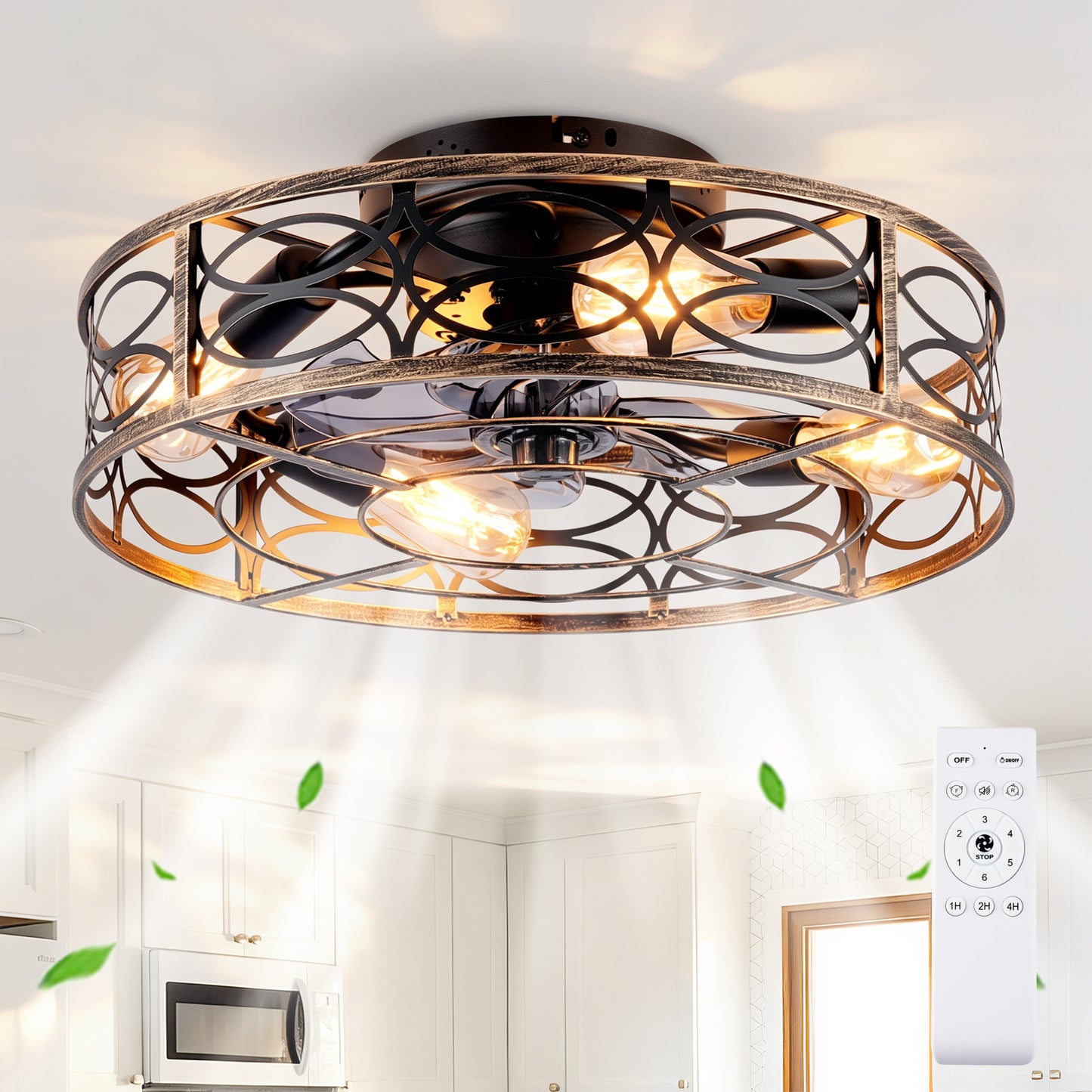 20in Low Profile Caged Ceiling Fans With Lights And Remote, Farmhouse Flush Mount Ceiling Fan With 6 Speeds Reversible Motor, For Kitchen, Bedroom--NOT Included Bulbs