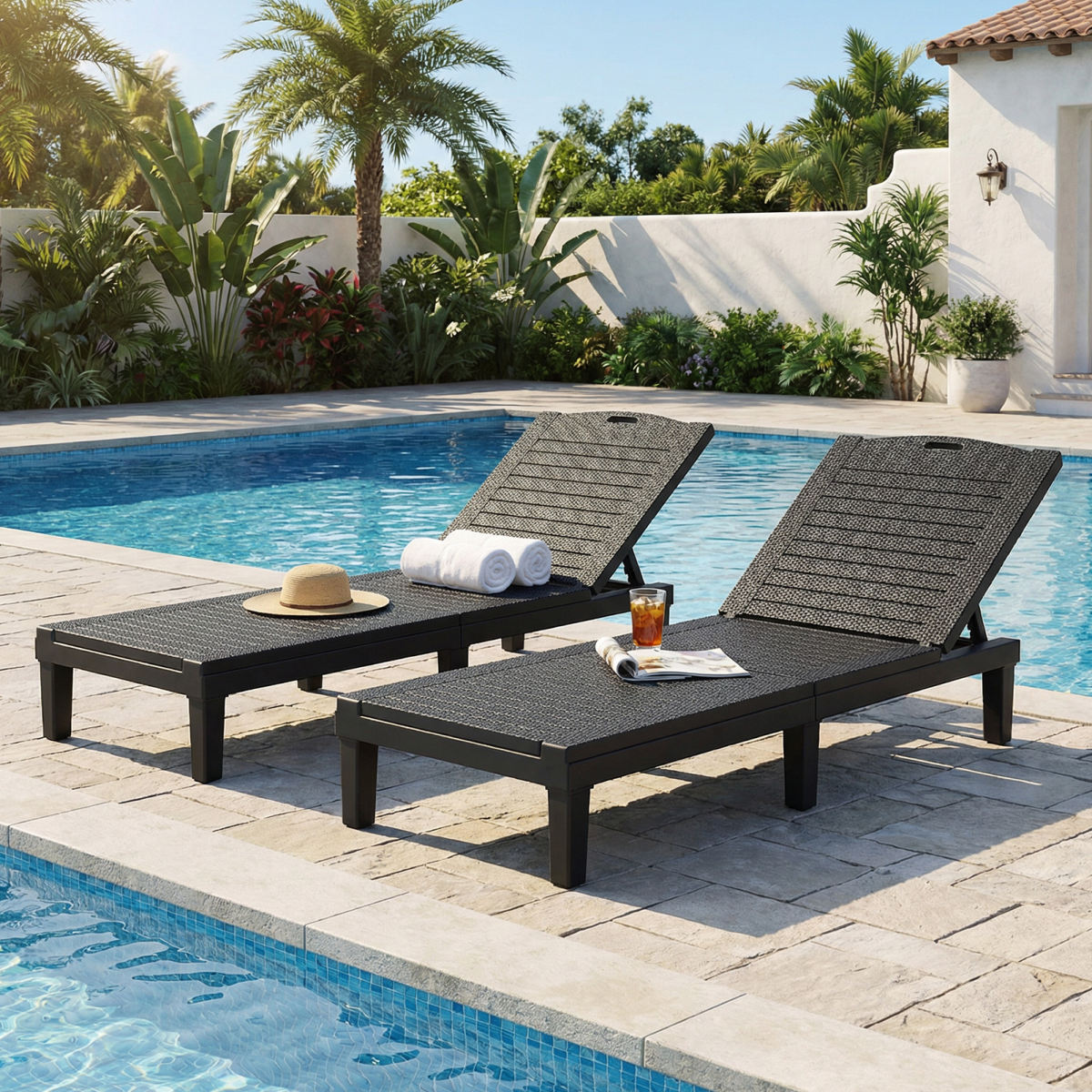 2PCS Lounge Chair Outdoor 5 Position Adjustable Pool Reclining Chair For Garden Poolside Patio Beach Black