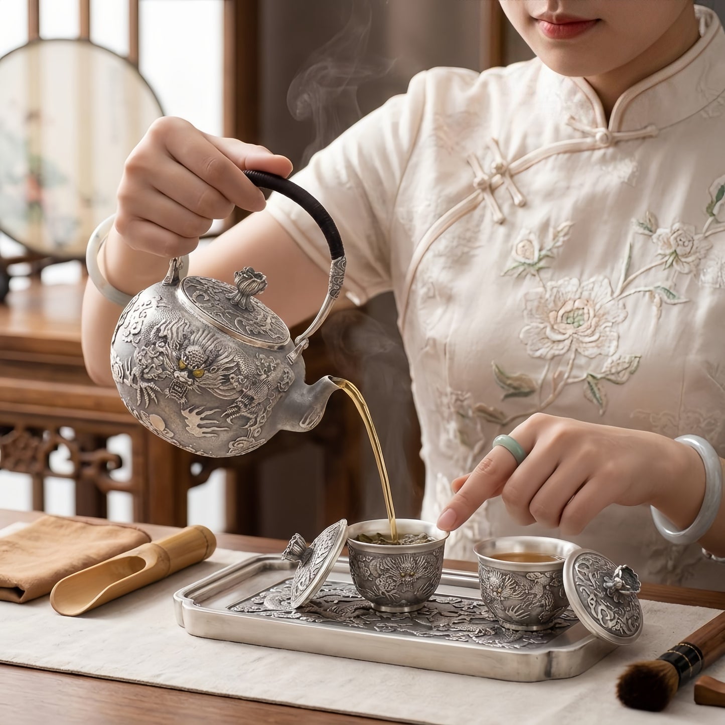 925 Sterling Silver Handcrafted Silver Tea Kettle with Exquisite Imperial Dragon Relief and Lotus Lid - Handicraft