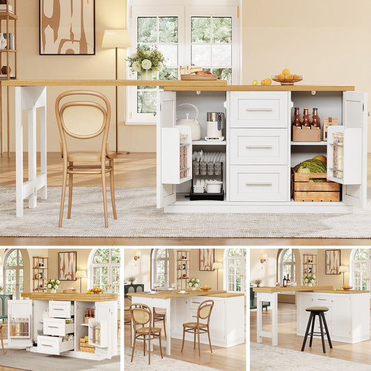 Extendable Sideboard & Table Combo, 120-180 Cm Adjustable Dining Table With Storage, 3 Drawers & Snack Racks, Space-Saving Kitchen Island For Small Flats, White Antique Green