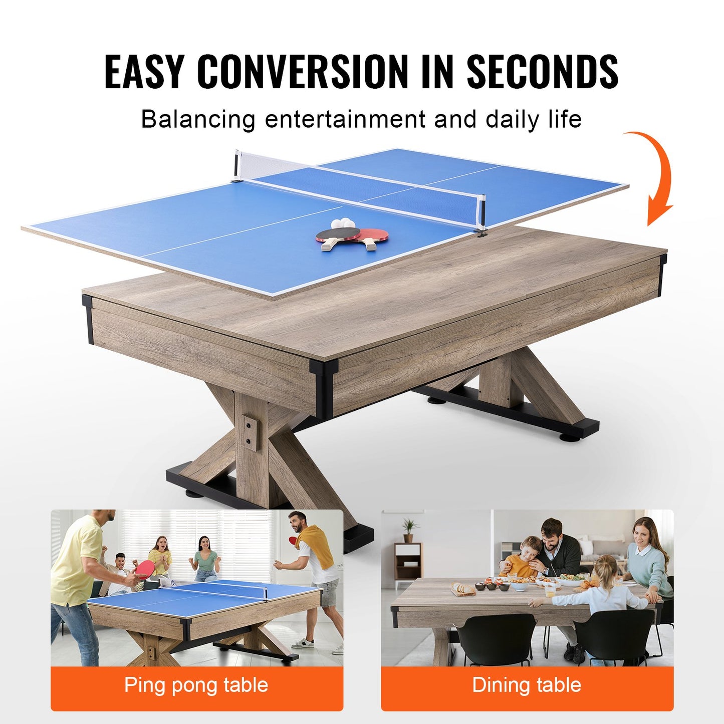 Billiards Table Combo Set, 7ft 3-in-1 Multi Game Table With Dining, Pool, And Tennis Table, Includes Full Set Of Accessories, Wood Color With Grey Cloth, Perfect For Family Game Room Kids Adults