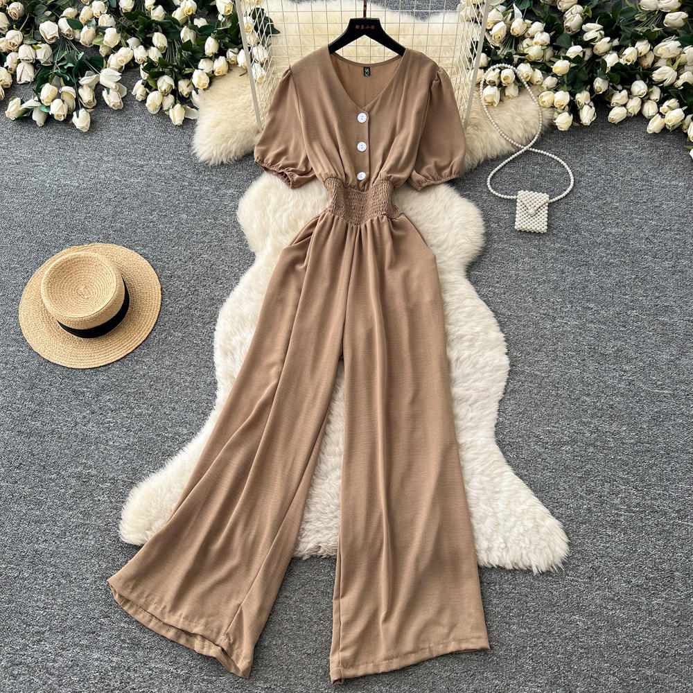 Korean-style V-neck Puff-sleeve Jumpsuit For Women