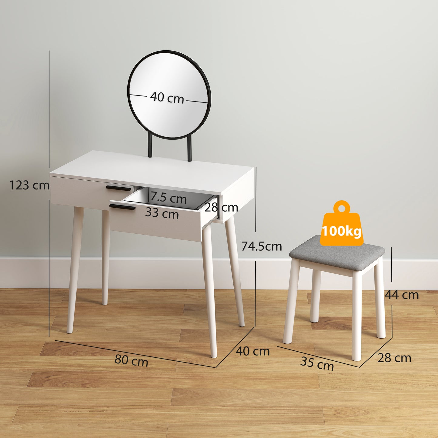 Dressing Table With Mirror And Stool, Vanity Makeup Desk Set With 2 Drawers, Cushioned Stool And Make-up Organiser For Bedroom And Dressing Room, 80 X 40 X 123 Cm, White