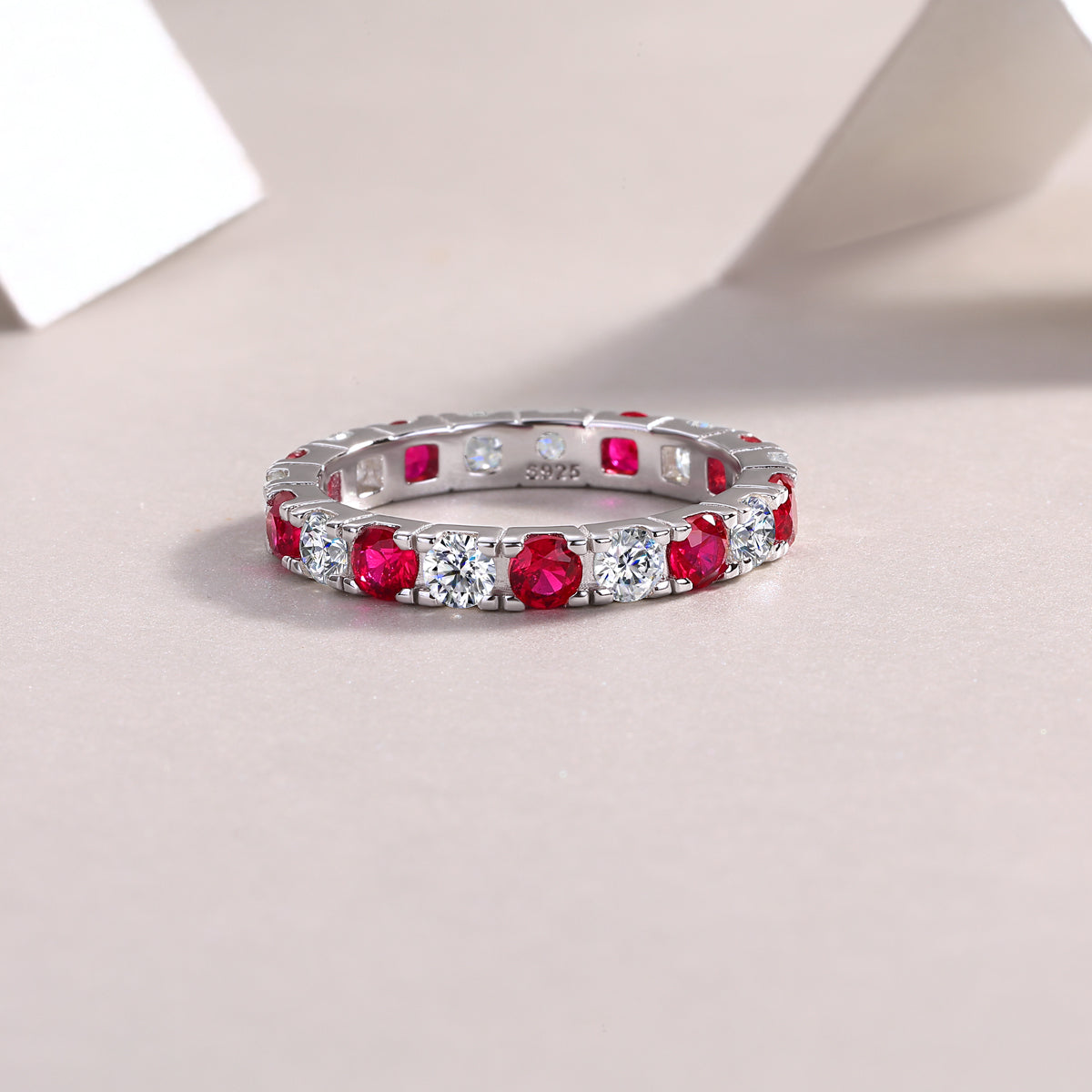 2.4g S925 Sterling Silver Platinum Plated Eternity Ring  Synthetic Ruby & White Stone Alternating Band, Dainty Stackable Promise Ring For Women, Jewelry Gift Box Set