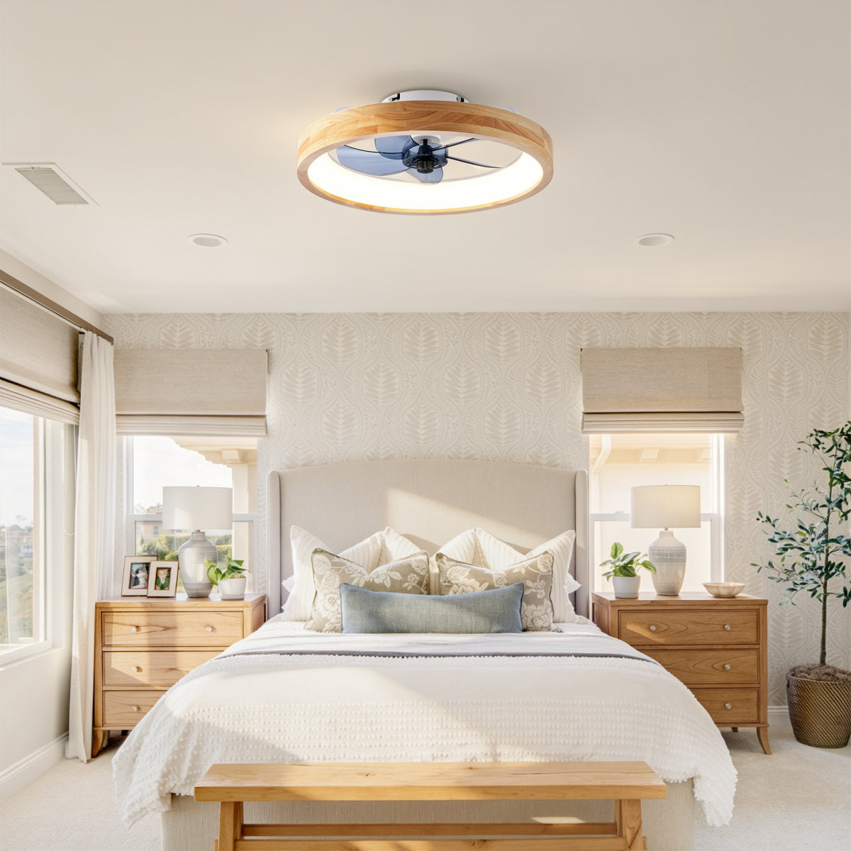 20in  Ceiling Fans With Lights And Remote, 3000-6500K Dimmable Modern Flush Mount LED Fan Light, 6 Speeds  Quiet DC Motor For Living Room, Bedroom,Kitchen--Wood--Matte White