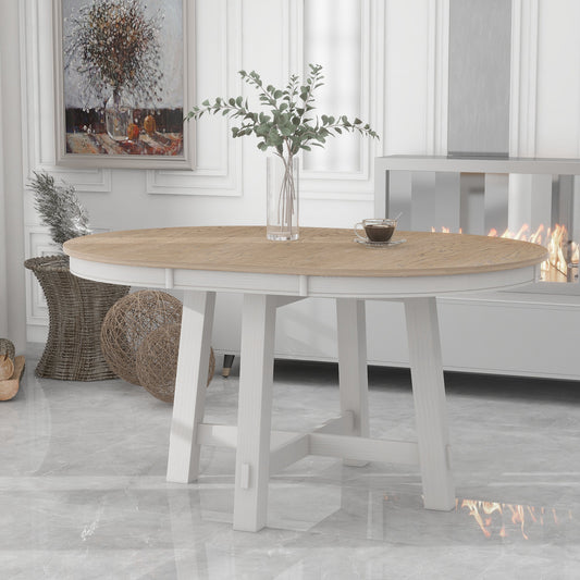 TREXM Farmhouse Round Extendable Dining Table With 16 Leaf Wood Kitchen Table  Oak Natural Wood  Antique White