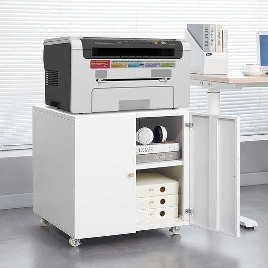 White Metal Mobile Printer Cabinet With Door And Adjustable Shelf, Rolling File Cabinet For Home Office & Small Spaces