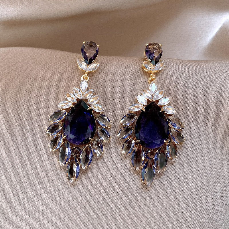 Purple Crystal Rhinestone Earrings For Women Korean Style Flower Luxury Versatile